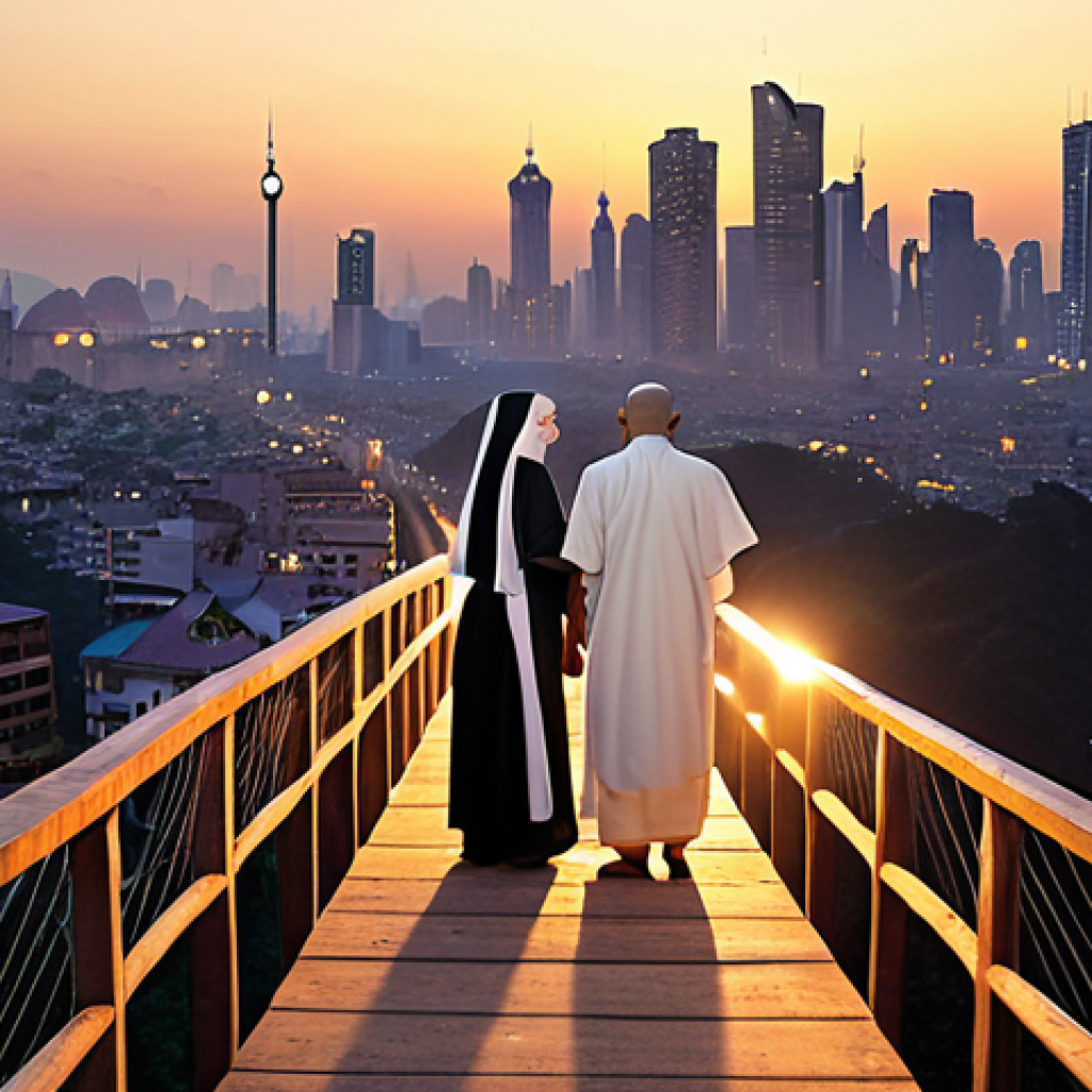 **Prompt 1: Faith as a Global Bridge**
    A mystical, luminous bridge made of light connecting diverse individuals from various religious backgrounds (e.g., Buddhist monk, Christian nun, Muslim man, indigenous elder) standing together in shared understanding. Behind them, a softly glowing global cityscape at dawn, symbolizing unity beyond borders. Ethereal, harmonious, global scale.