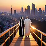 **Prompt 1: Faith as a Global Bridge**
    A mystical, luminous bridge made of light connecting diverse individuals from various religious backgrounds (e.g., Buddhist monk, Christian nun, Muslim man, indigenous elder) standing together in shared understanding. Behind them, a softly glowing global cityscape at dawn, symbolizing unity beyond borders. Ethereal, harmonious, global scale.