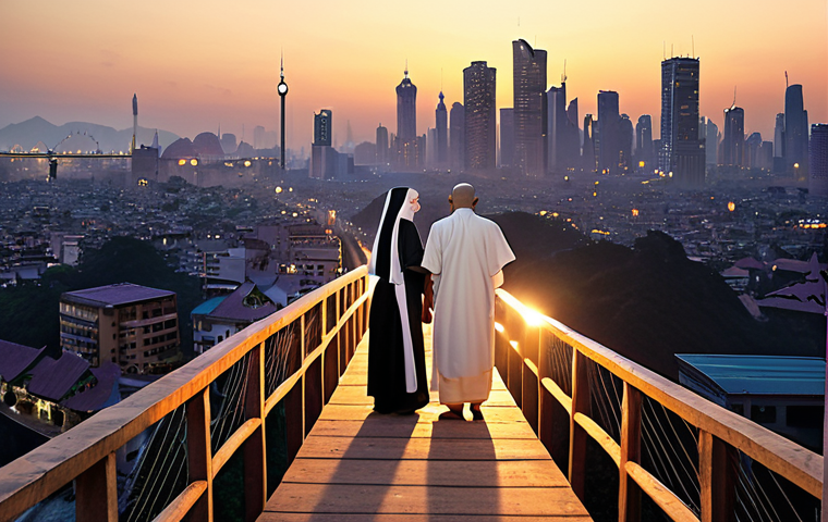 **Prompt 1: Faith as a Global Bridge**
    A mystical, luminous bridge made of light connecting diverse individuals from various religious backgrounds (e.g., Buddhist monk, Christian nun, Muslim man, indigenous elder) standing together in shared understanding. Behind them, a softly glowing global cityscape at dawn, symbolizing unity beyond borders. Ethereal, harmonious, global scale.