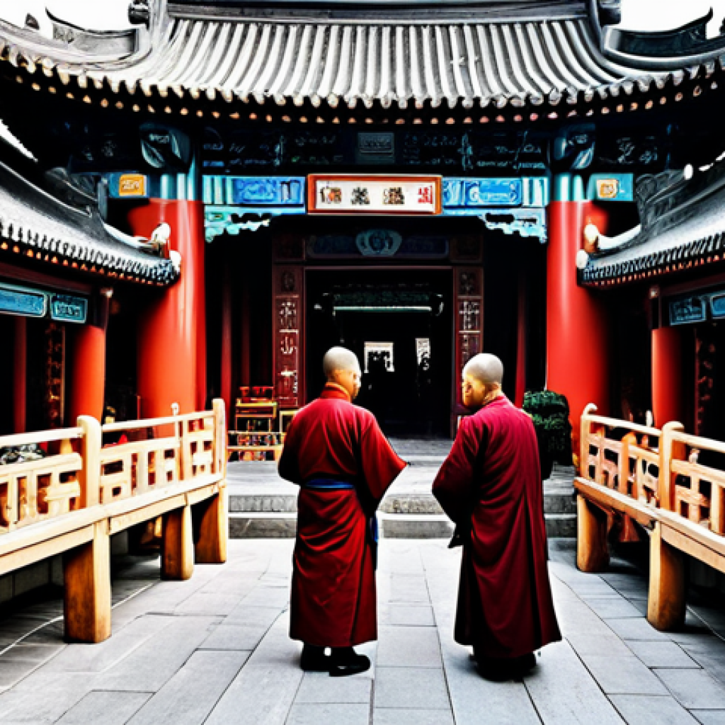 Cultural Fusion**
A majestic Buddhist temple nestled in a vibrant, bustling Chinese marketplace, fully clothed monks in traditional robes interacting with vendors in modern attire, incorporating elements of Taoist and Confucian architecture, symbolizing cultural exchange, safe for work, appropriate content, perfect anatomy, natural pose, high-resolution, professional photography, family-friendly.
**
