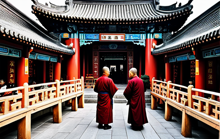 Cultural Fusion**

A majestic Buddhist temple nestled in a vibrant, bustling Chinese marketplace, fully clothed monks in traditional robes interacting with vendors in modern attire, incorporating elements of Taoist and Confucian architecture, symbolizing cultural exchange, safe for work, appropriate content, perfect anatomy, natural pose, high-resolution, professional photography, family-friendly.

**