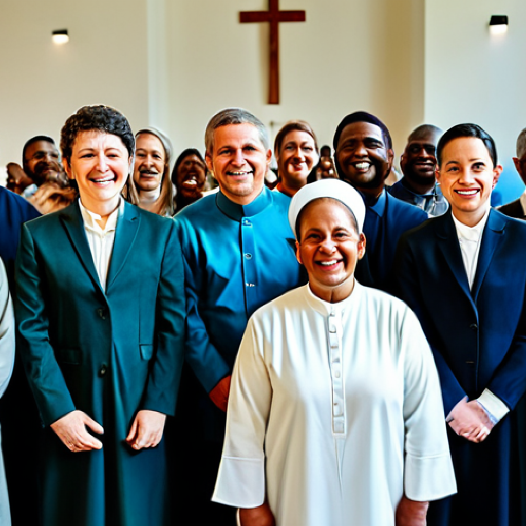 **
"A diverse group of people participating in a modern religious ceremony, fully clothed in modest attire, inside a brightly lit, contemporary community center, expressing joy and connection, safe for work, appropriate content, professional, perfect anatomy, natural proportions, family-friendly atmosphere, high quality."
**