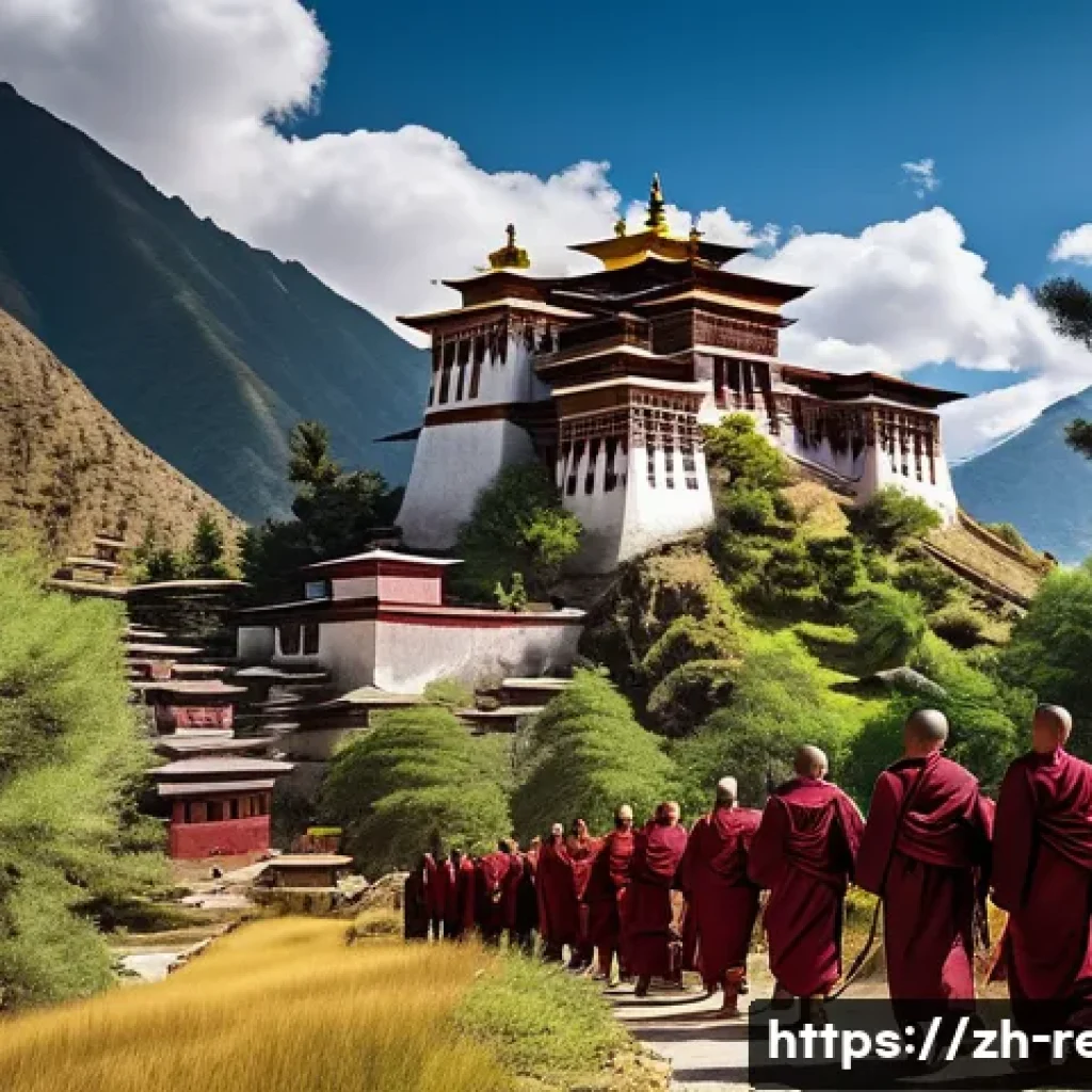 종교와 환경 보호 운동 - A serene Buddhist monastery set in a lush Tibetan mountain landscape, monks dressed in traditional m...