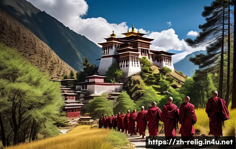 종교와 환경 보호 운동 - A serene Buddhist monastery set in a lush Tibetan mountain landscape, monks dressed in traditional m...
