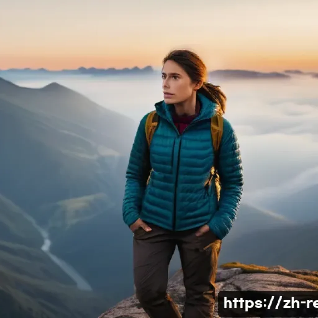 성경 속 이야기와 교훈 - A courageous young woman standing atop a rugged mountain cliff at sunrise, wearing modest hiking clo...