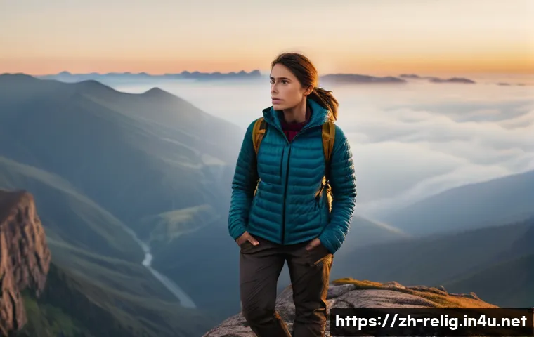 성경 속 이야기와 교훈 - A courageous young woman standing atop a rugged mountain cliff at sunrise, wearing modest hiking clo...