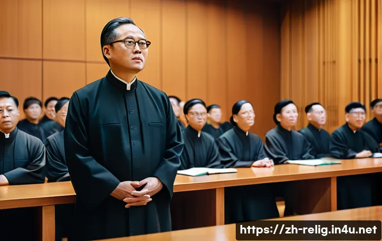 종교적 스캔들과 그 여파 - A solemn scene inside a modern religious institution&rsquo;s meeting room, featuring a diverse group of cl...