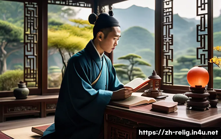 종교적 회의주의와 철학 - A contemplative Asian scholar sitting in a modern minimalist study, surrounded by ancient Chinese ph...