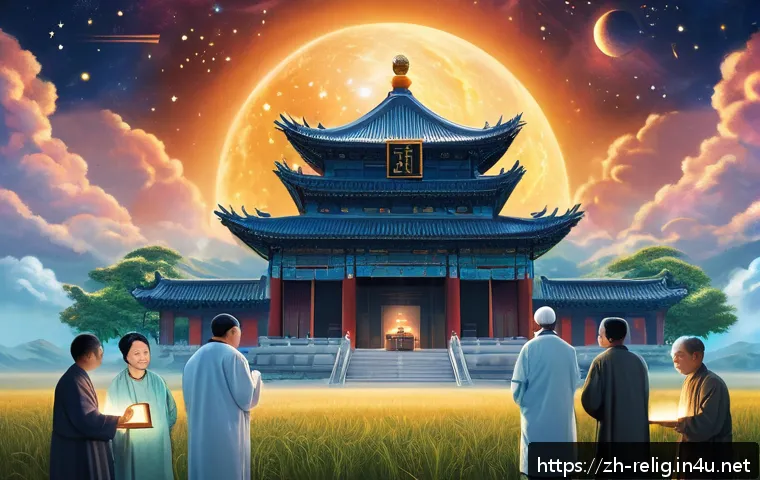 종교와 과학  갈등과 조화 - A serene scene depicting the harmonious intersection of science and faith: a diverse group of though...