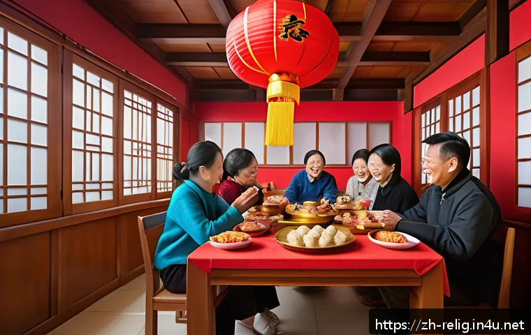 세계 종교 기념일과 그 의미 - A vibrant Chinese New Year family reunion scene indoors, featuring a multigenerational family gather...