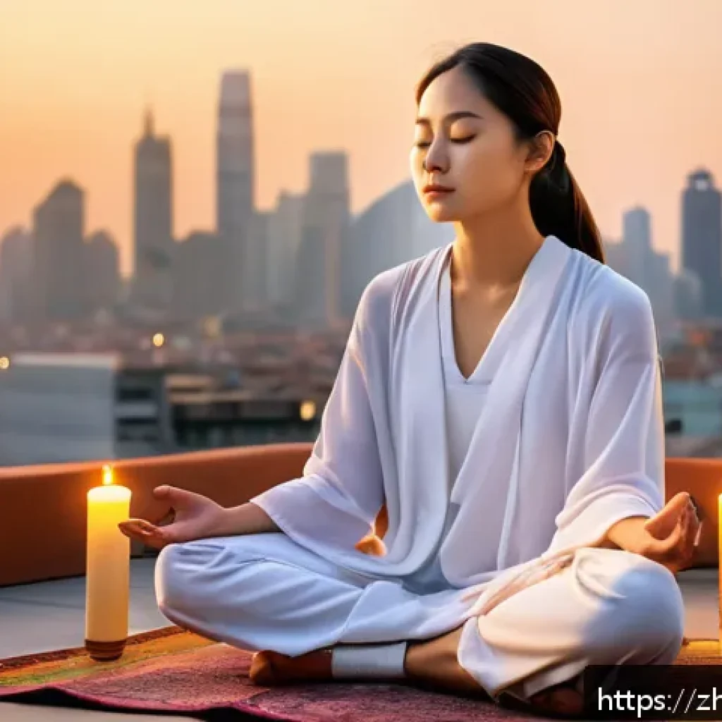 종교 치유와 심리적 안정 - A serene urban meditation scene featuring a young adult sitting cross-legged on a rooftop at sunset,...