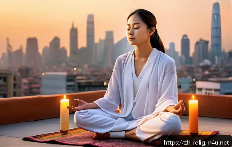종교 치유와 심리적 안정 - A serene urban meditation scene featuring a young adult sitting cross-legged on a rooftop at sunset,...