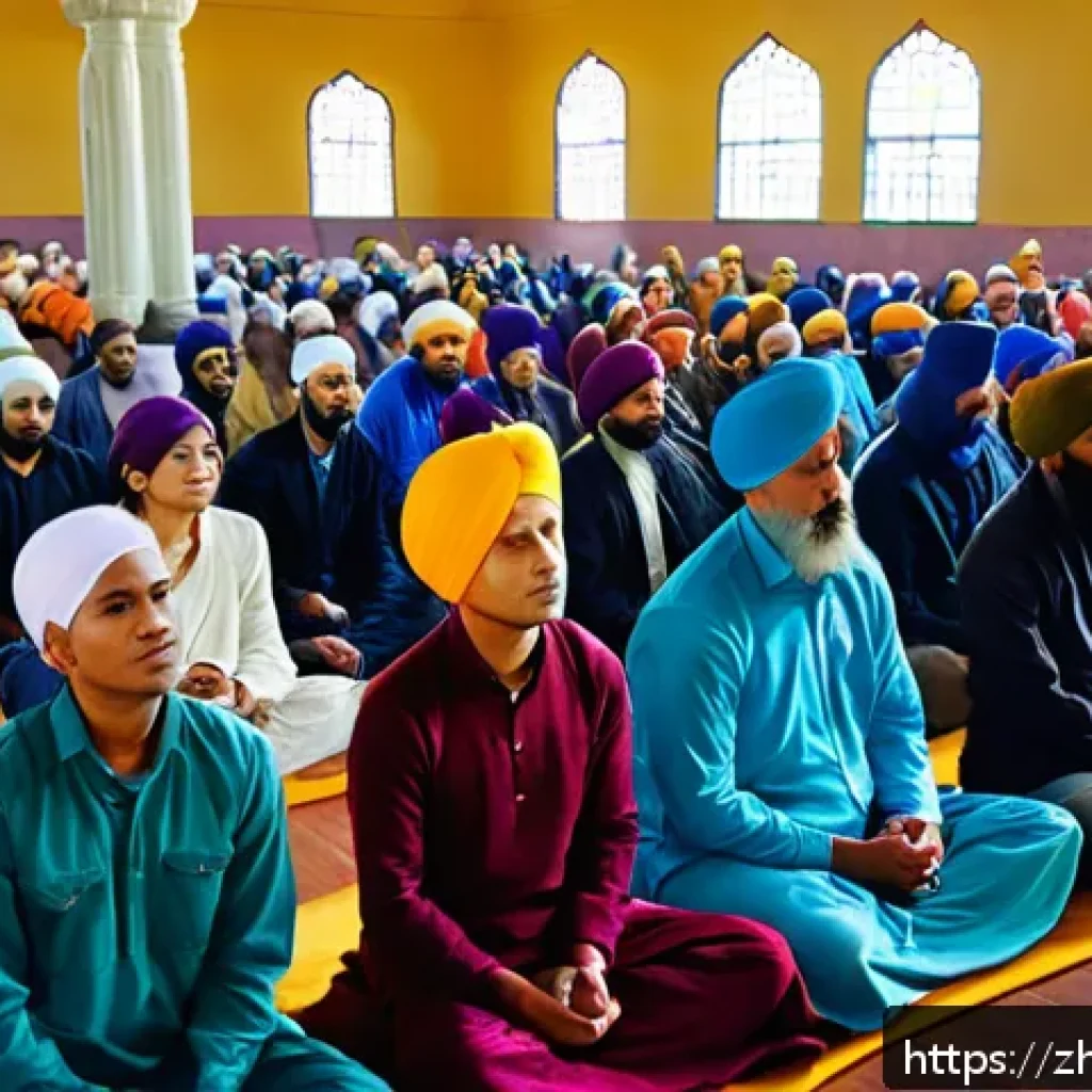 시크교 예배 방식과 성전 - A vibrant scene inside a Sikh gurdwara during a prayer ceremony, showing diverse worshippers of vari...