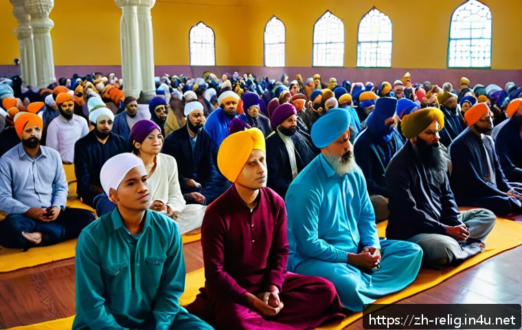 시크교 예배 방식과 성전 - A vibrant scene inside a Sikh gurdwara during a prayer ceremony, showing diverse worshippers of vari...