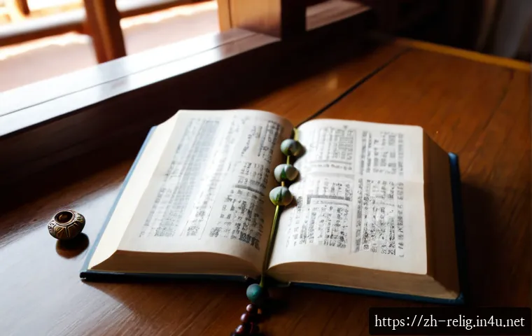 불교 경전과 주요 가르침 - Photorealistic quiet Buddhist study scene, an open ancient-style scripture book with blank unmarked ...